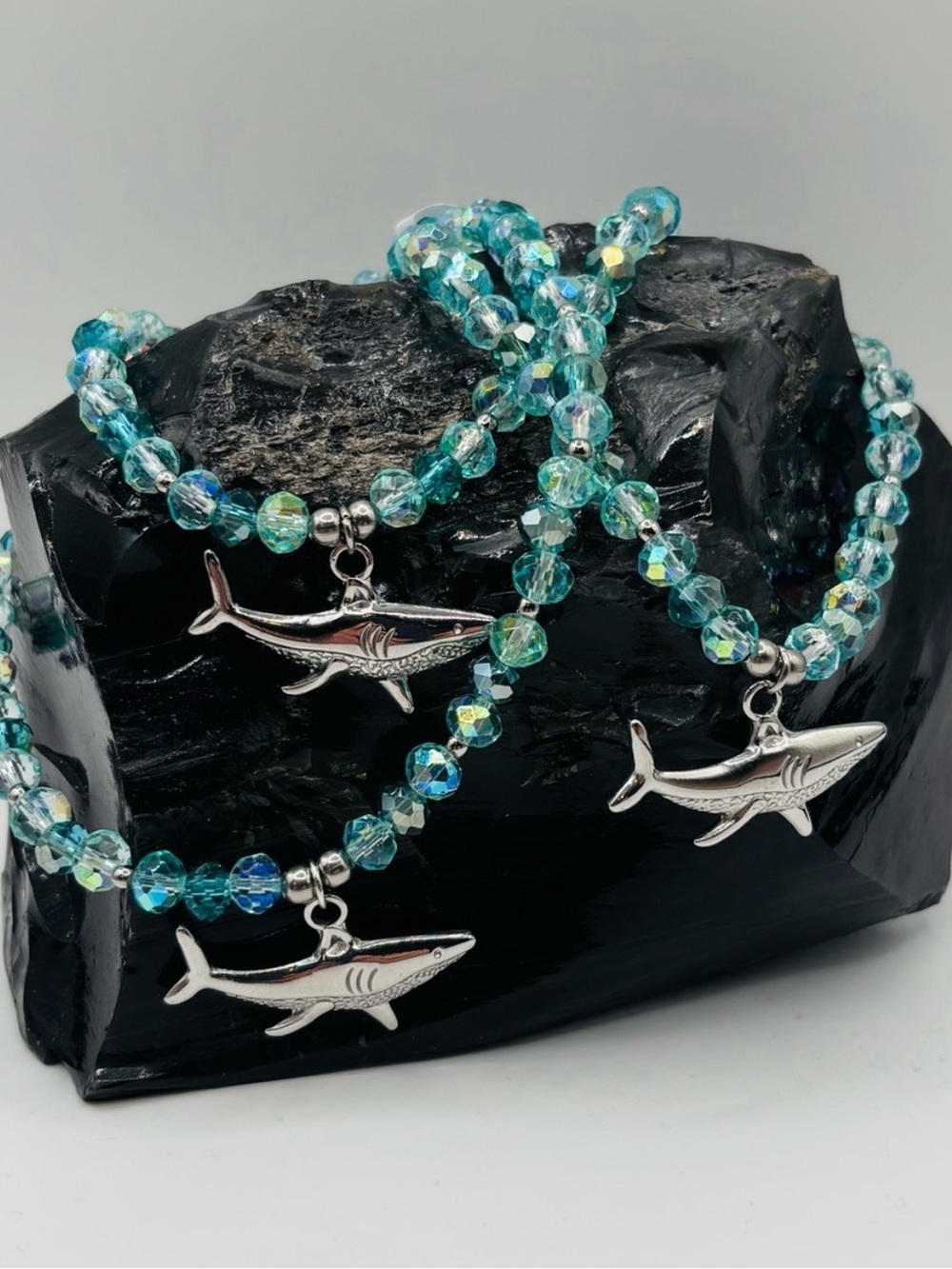 *ANKLET* S.Steel Shark Charm & AB Crystal  Stretchy Anklet